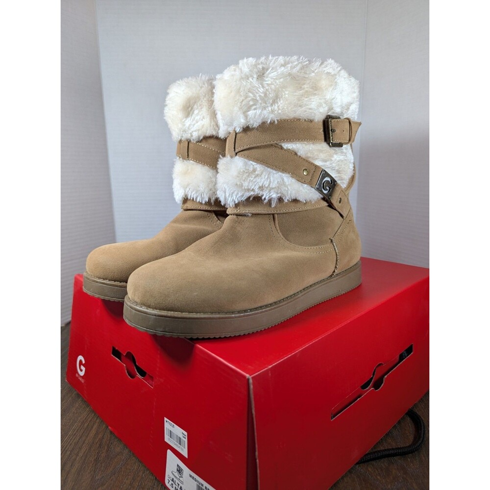 G by Guess Winter Ankle Boots Womens 7.5 Brown Faux Fur Suede Buckles Pull On
